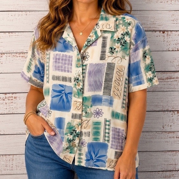 Allison Daley Tops - VTG Allison Daley‎ Button Down Shirt Womens 12 Blue Abstract Floral Short Sleeve